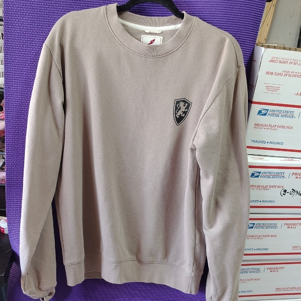 League 91 Mens Tan Lion Shield‎ Graphic Crewneck Sweatshirt Medium Taupe Fleece